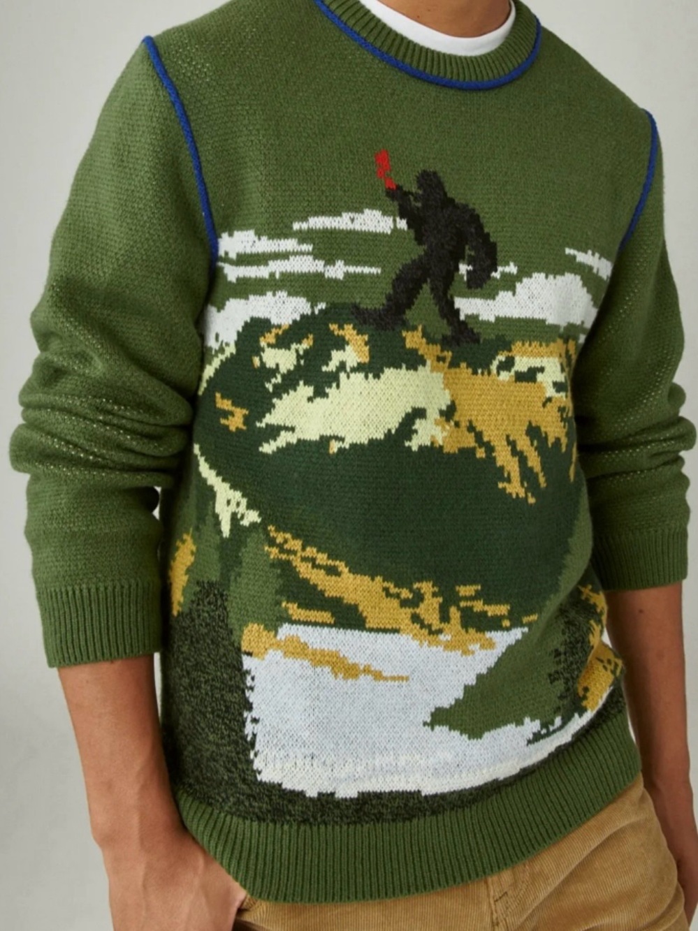 Lucky Brand Olive Scenic Big Foot Crewneck Sweater with Blue Trim Size Medium - Picture 5 of 16